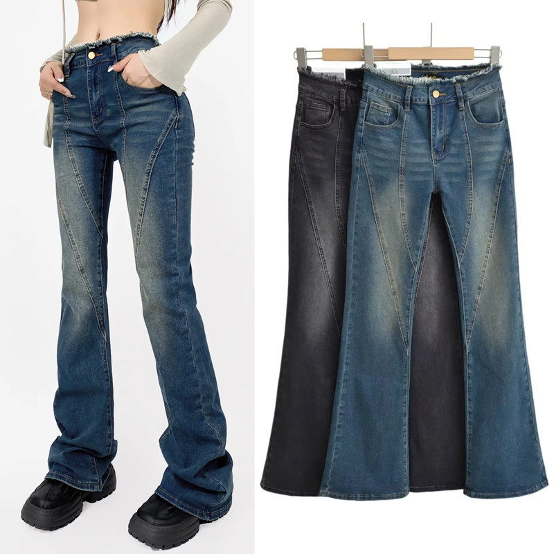 2024水洗毛边裤腰微喇叭牛仔裤女高腰修身包臀 women jeans pants