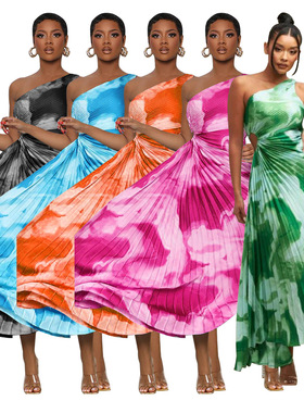 Women pleated sloping collar sleeveless dress无袖连衣裙压褶