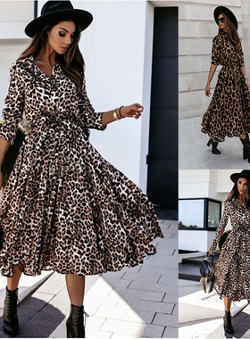Women's long sleeved leopard print dress女长袖豹纹印花连衣裙