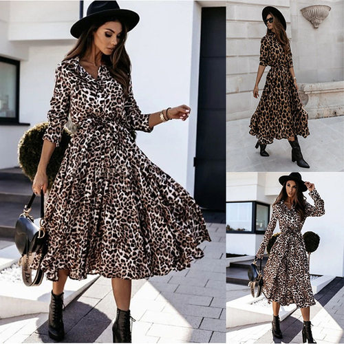 Women's long sleeved leopard print dress女长袖豹纹印花连衣裙