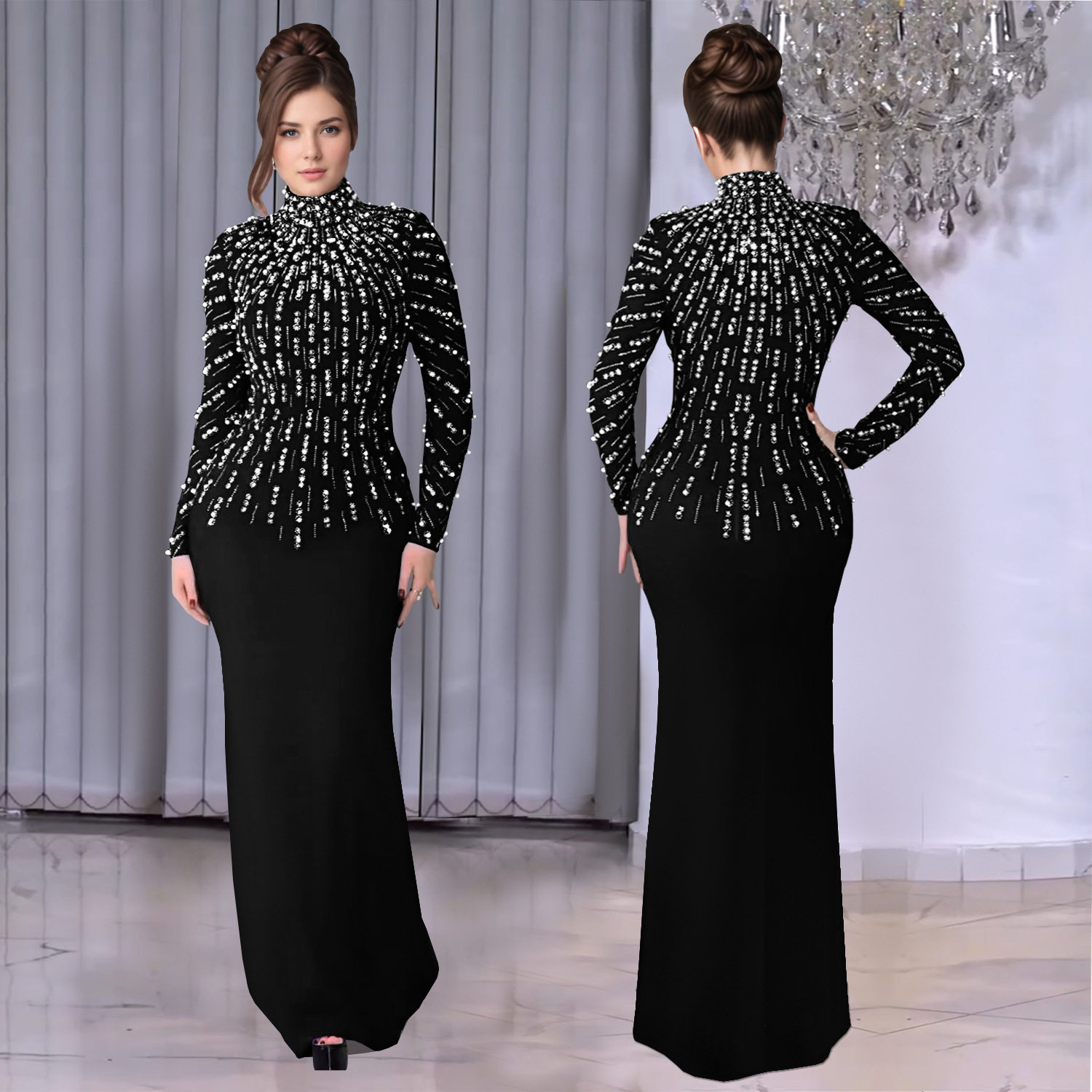 Women long sleeved rhinestone dress女长袖钉珠烫钻包臂连衣裙