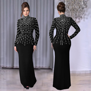 Women long sleeved rhinestone dress女长袖钉珠烫钻包臂连衣裙