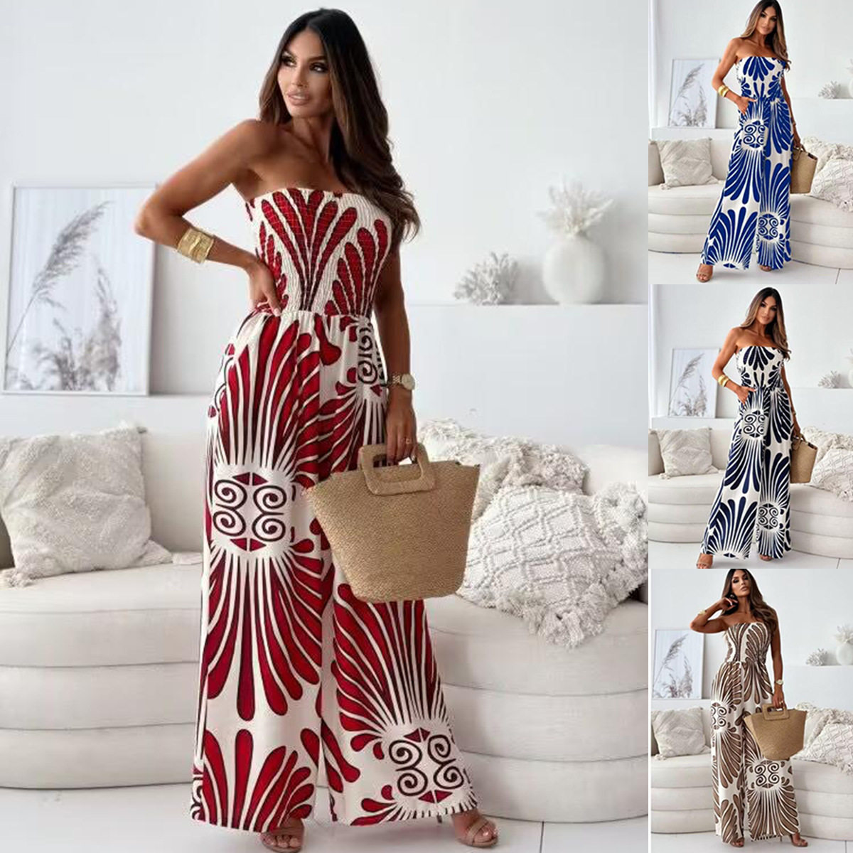 Women's printed strapless pants jumpsuit女印花抹胸长裤连体裤