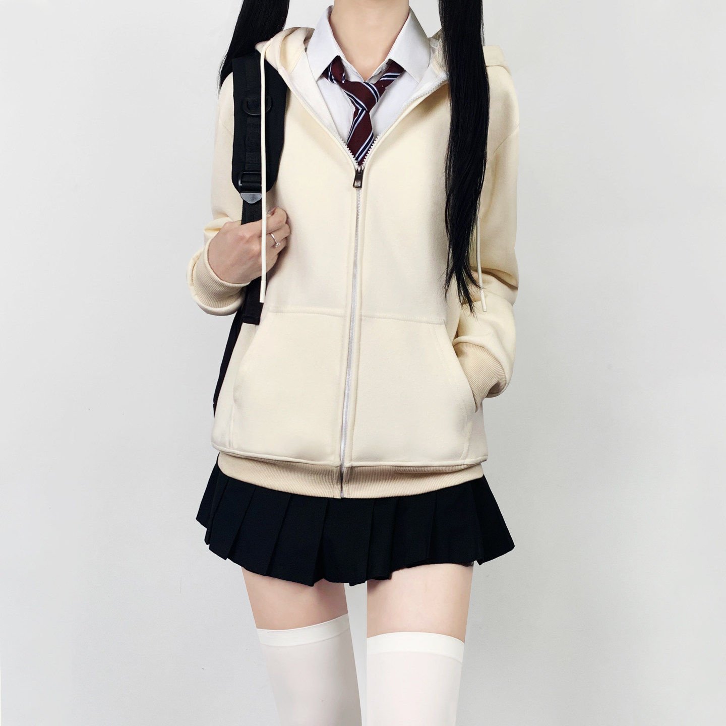 木村叔jk制服杏色连帽卫衣外套女秋冬季女学生户外运动拉链款上衣