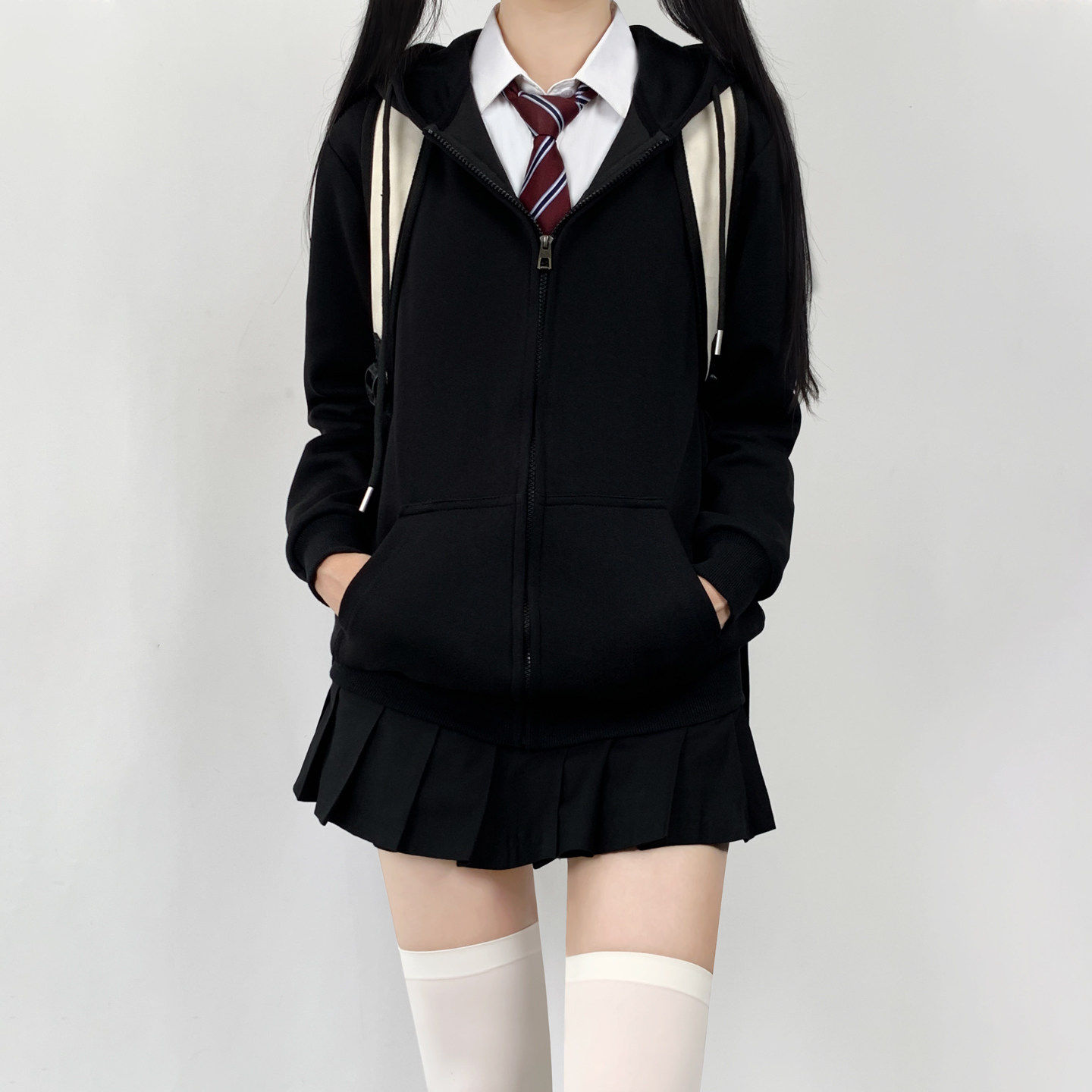 木村叔jk制服黑色连帽卫衣外套女秋冬季宽松拉链款开衫情侣款上衣