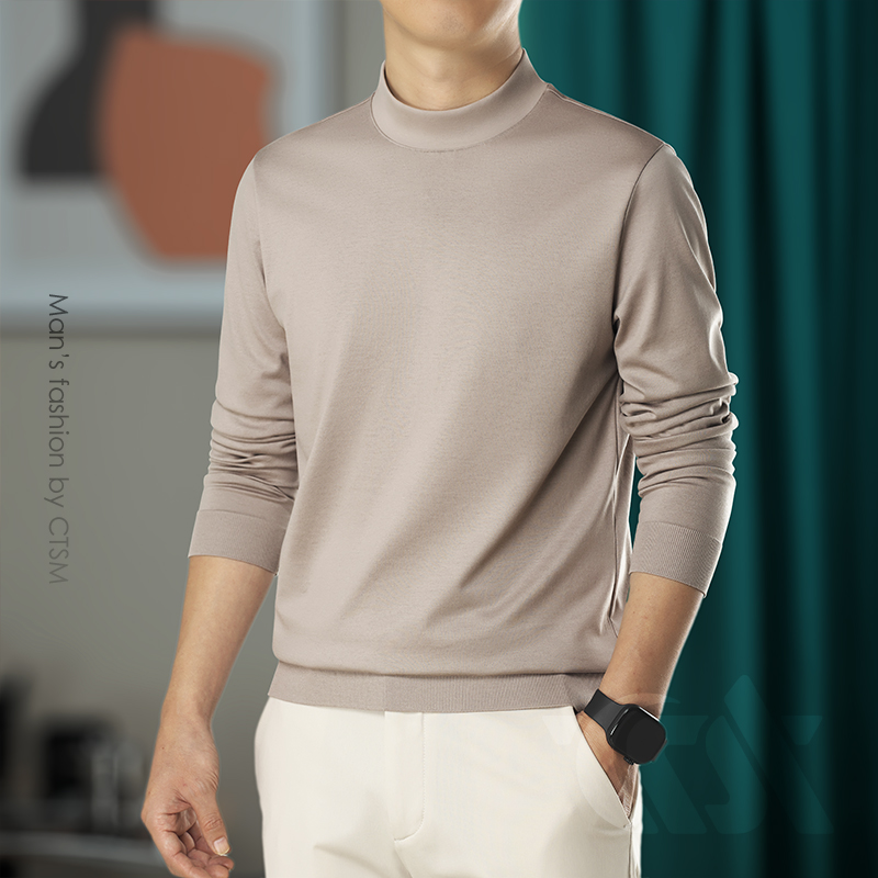 春秋季男士高端中半高领打底衫简约百搭长袖T恤纯色2025秋装上衣