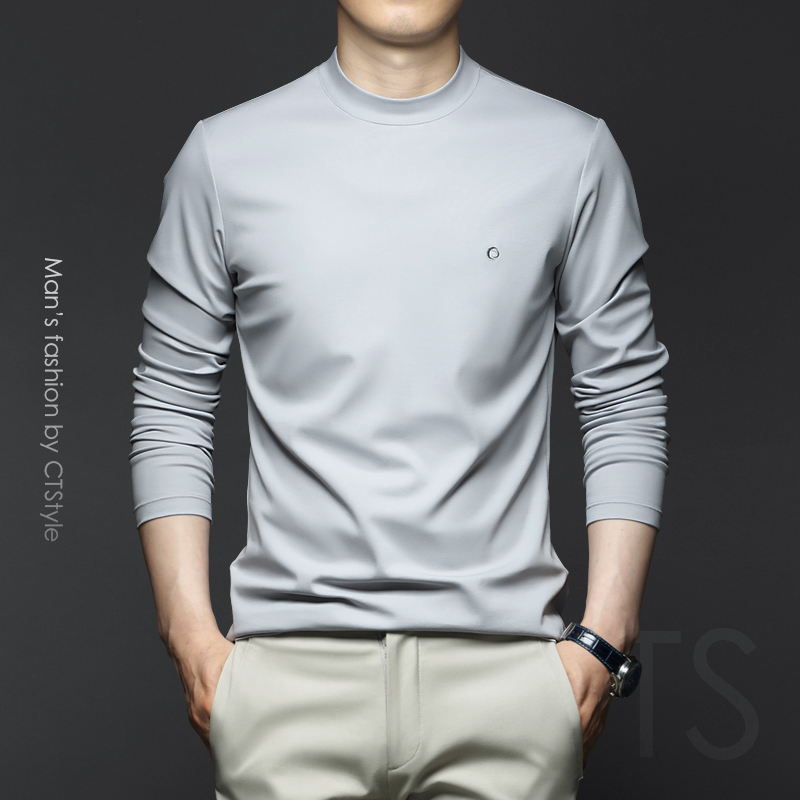 潮秋季男士半高领丝光棉长袖t恤