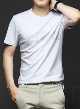 夏季男士圆领丝光棉短袖T恤印花纯棉半袖打底衫潮流白色冰丝男装