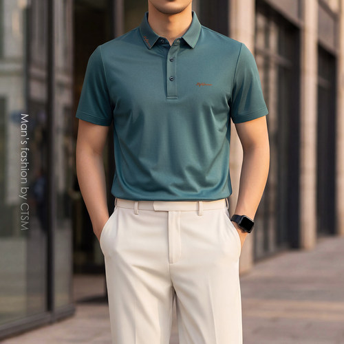 商务风翻领短袖POLO衫男夏季纯棉百搭高端T恤绿色