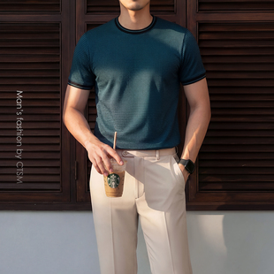 男士 圆领上衣2026男装 千鸟格短袖 透气休闲修身 T恤丝光棉薄款 夏季