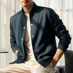 上衣男装 春秋季 外套春装 高端极简风立领夹克纽扣商务休闲开衫 男士