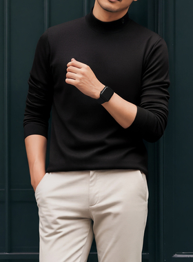 秋冬季极简风中半高领加厚长袖T恤男士丝光棉打底衫保暖秋装上衣
