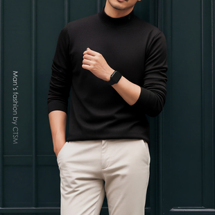保暖秋装 秋冬季 丝光棉打底衫 T恤男士 上衣 极简风中半高领加厚长袖