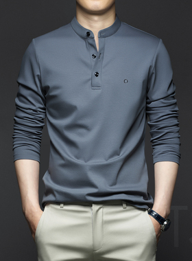 秋季男士纯棉立领长袖T恤丝光棉冰丝打底衫2025男装秋装上衣新款