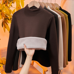 加绒加厚冬季保暖衣螺纹中领打底衫女内搭修身半高领长袖T恤上衣