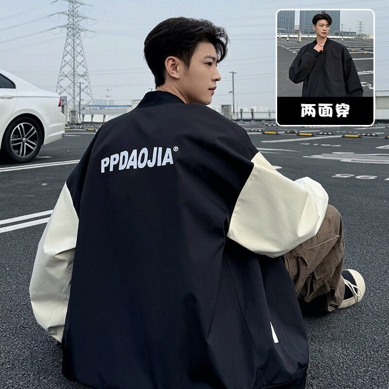 春秋款男士两面穿夹克男宽松加大码户外运动字母印花立领棒球服潮