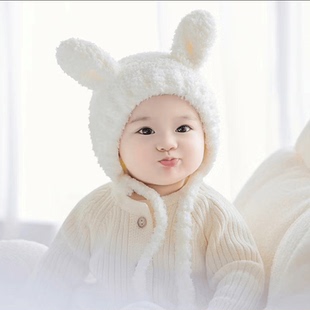 婴儿宝宝儿童男女帽子秋冬针织时尚糖果色护耳保暖兔耳朵帽超可爱