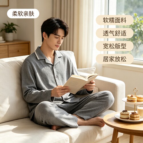 高端马丁棉男睡衣双面一体织宽松