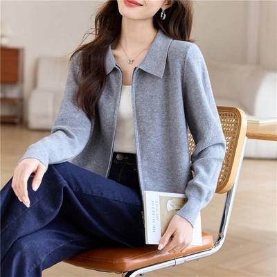 杏色针织小开衫毛衣外套女2024新款拉链外搭短款高级感上衣洋气