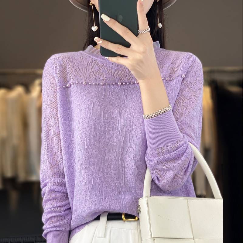 蕾丝打底衫女春秋2025新款洋气内搭显瘦减龄大码长袖针织钉珠上衣