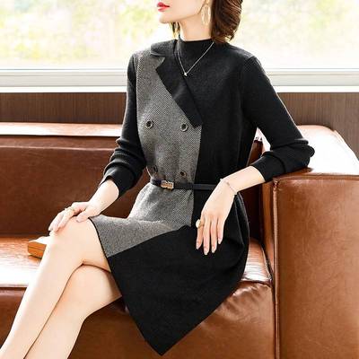 中年妈妈冬装针织连衣裙40岁50中老年女秋冬高贵收腰打底毛衣裙子