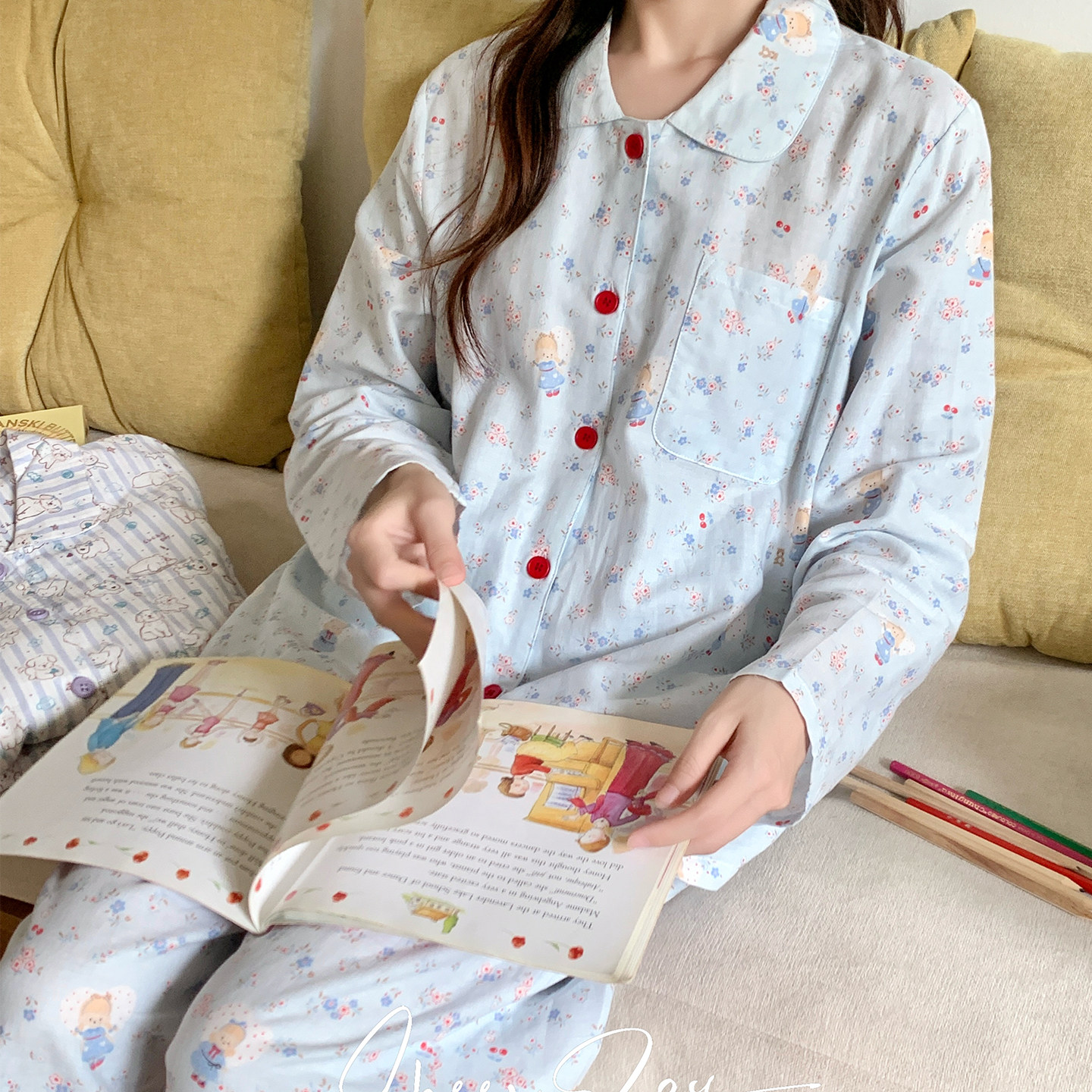 秋季全棉纱布女甜美卡通睡衣