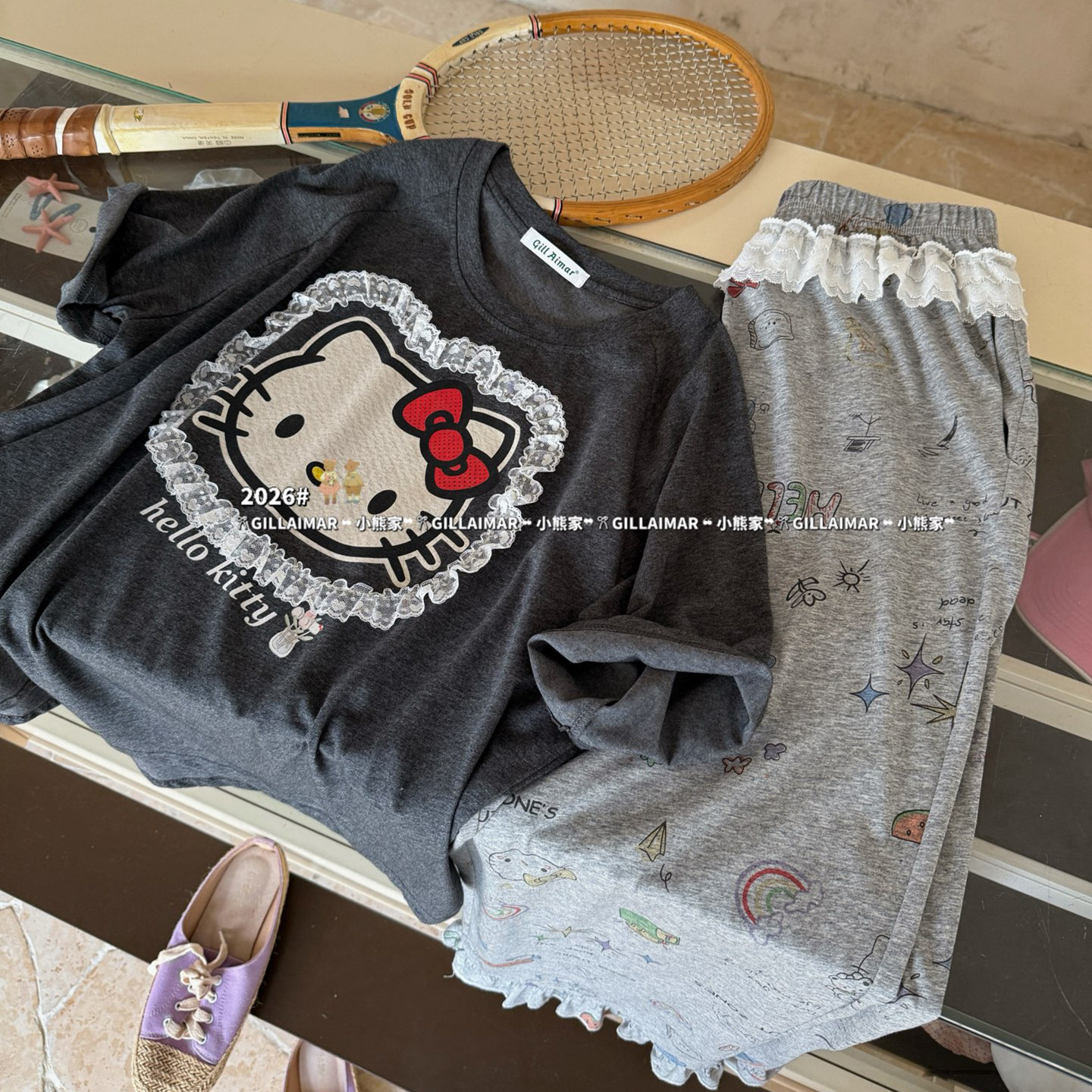Gill Aimar小熊家睡衣女2026春夏新款圆领kitty短袖长裤家居服薄