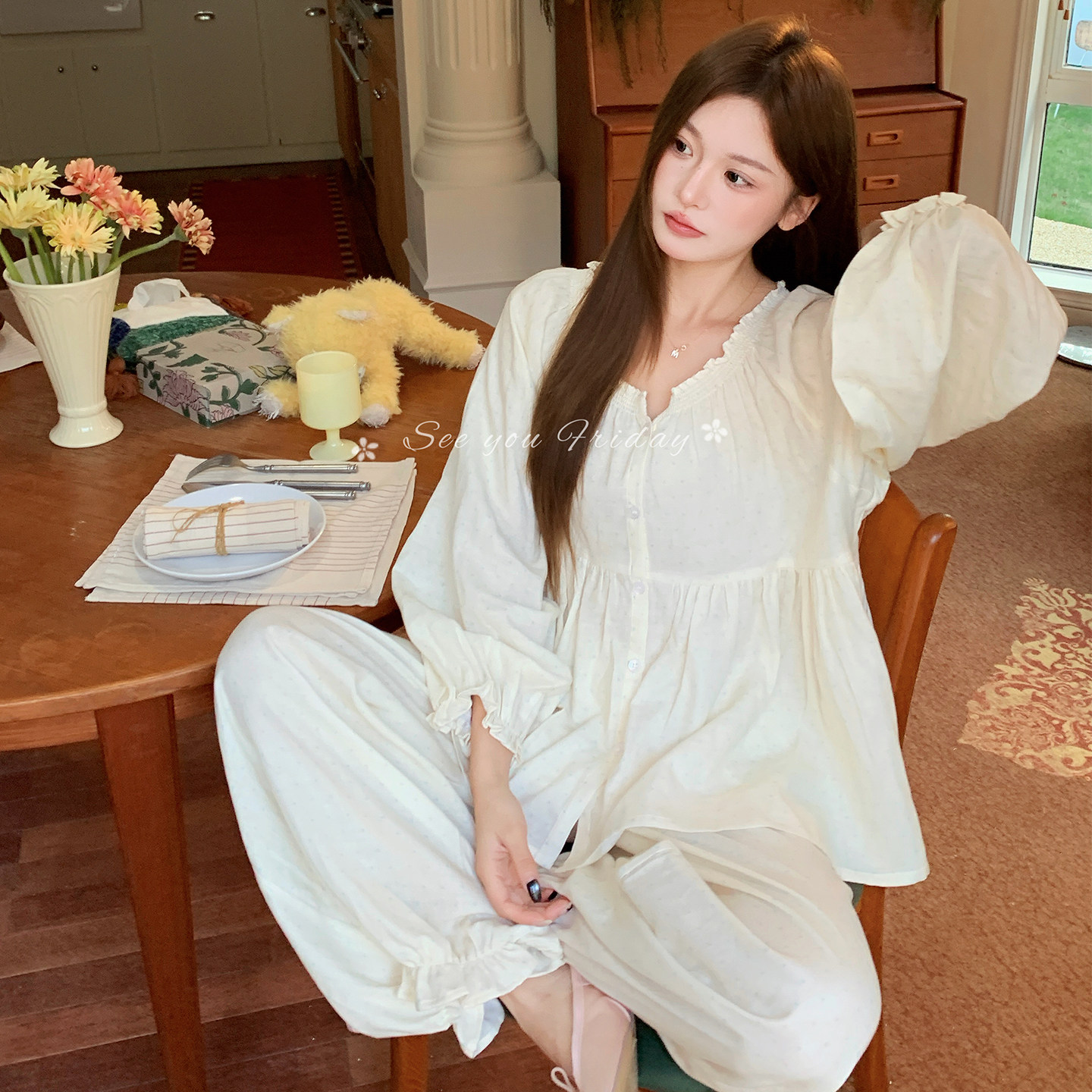 秋冬全棉双层纱波点家居服套装女