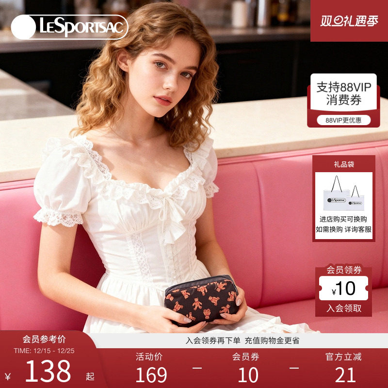 LeSportsac乐播诗秋冬新款经典系列咖色满印泰迪熊手机包女手拿包