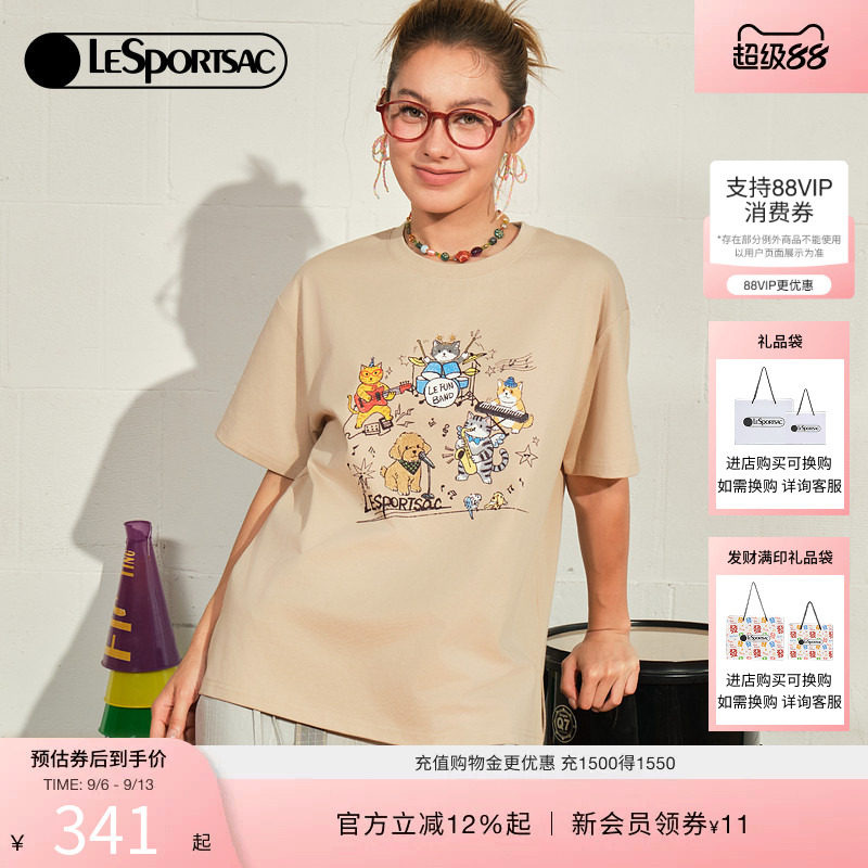 魏宏宇同款LeSportsac乐播诗新款短袖T恤夏季萌宠印花半袖上衣
