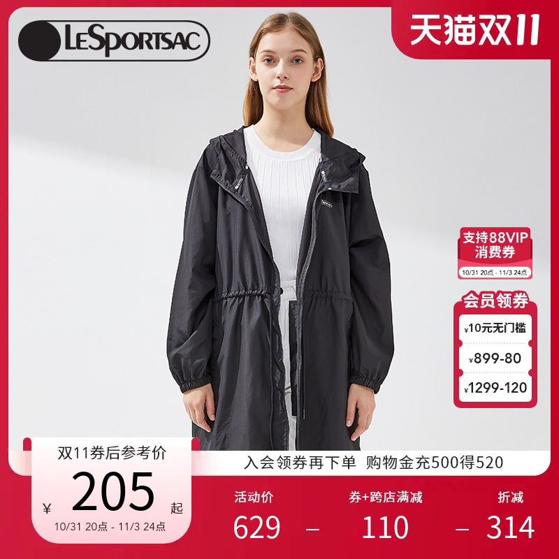 LeSportsac乐播诗新款时尚宽松印花连帽女士中长款防晒风衣外套