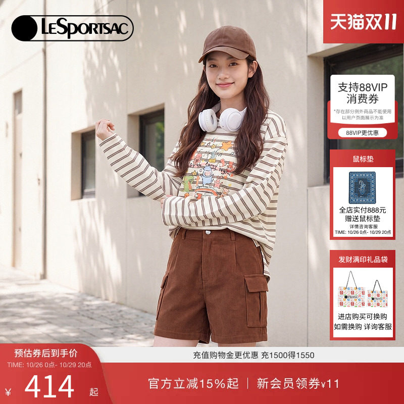 LeSportsac乐播诗生活方式系列新款卡通纯棉T恤圆领女长袖T恤上衣