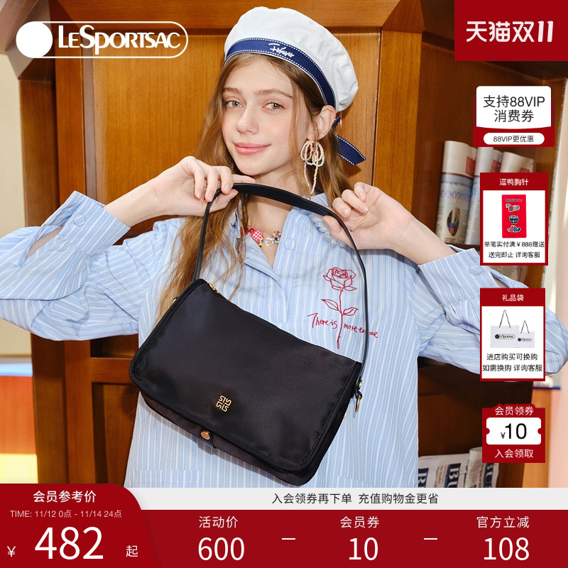 LeSportsac乐播诗黑色尼龙包小方包女斜挎包小众通勤包单肩腋下包