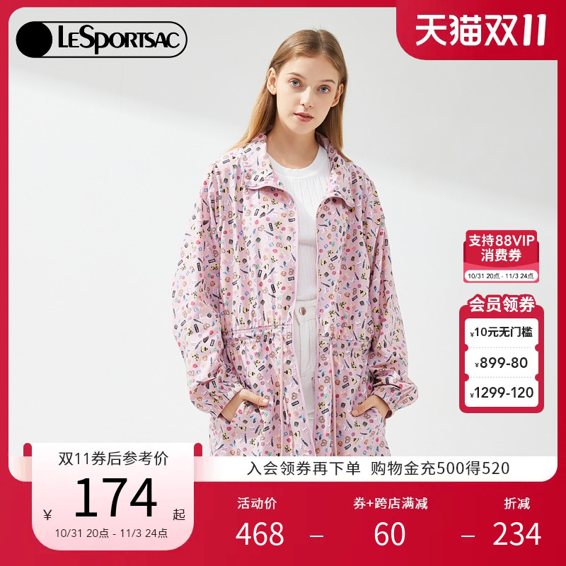 LeSportsac乐播诗新款潮流趣味印花休闲女士中长款防晒风衣外套