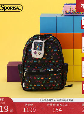 LeSportsac乐播诗新款Tetris联名黑色满印彩格大容量通勤双肩包女