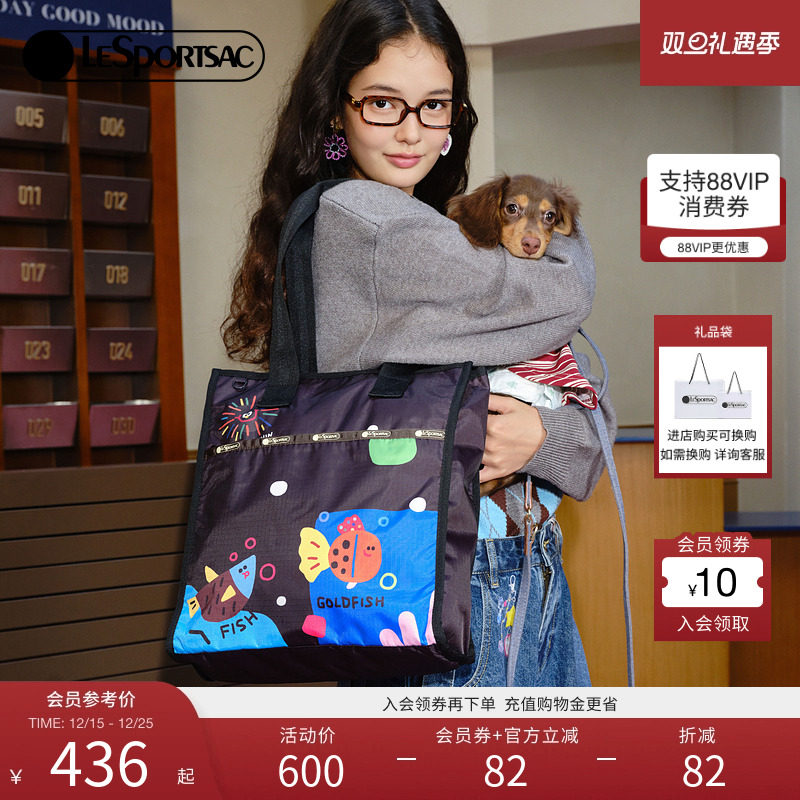 LeSportsac乐播诗2025新款逗鸭系列黑色动物印花拉链单肩包托特包