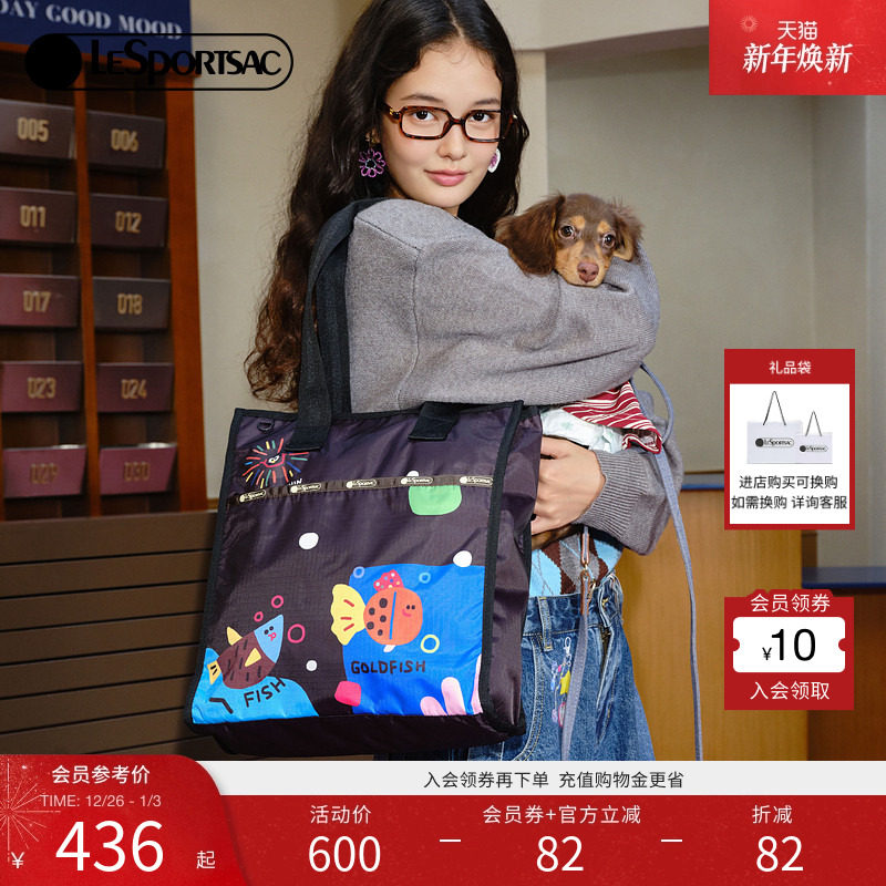 LeSportsac乐播诗2025新款逗鸭系列黑色动物印花拉链单肩包托特包