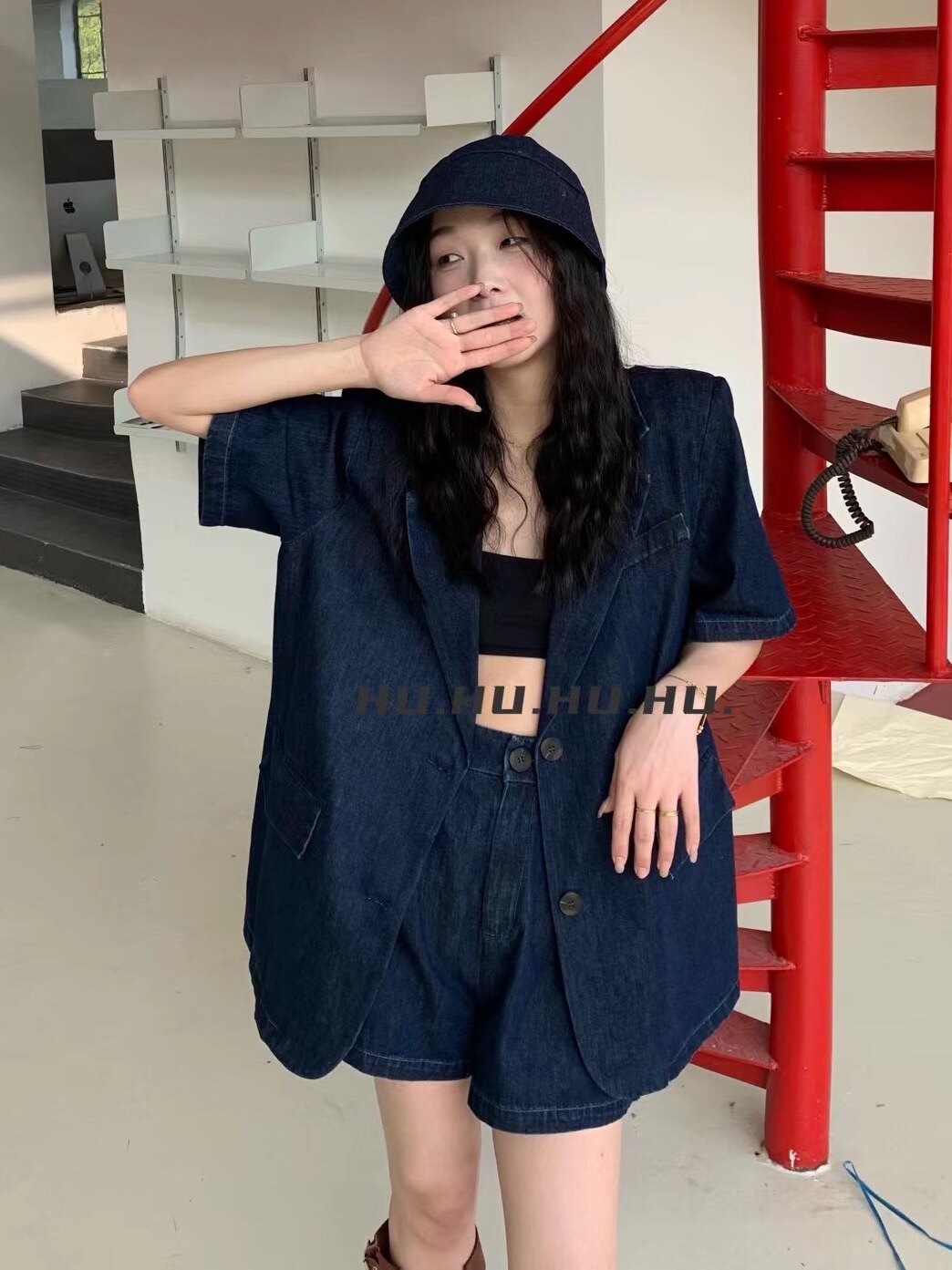 美式复古高级炸街套装女港味chic风牛仔短袖西装外套短裤两件套