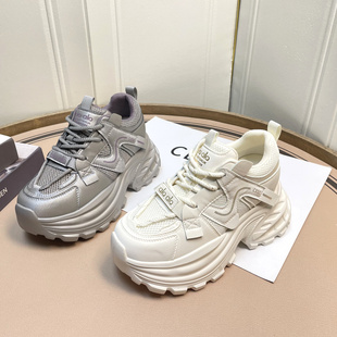 高鹏真皮厚底老爹鞋女款增高8cm新款2026春轻便百搭超火运动女鞋