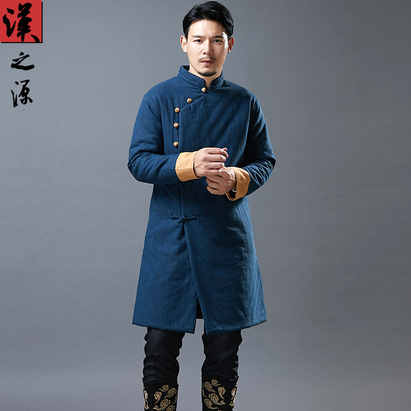 冬季立领中长款棉衣中国风唐装棉服斜襟中式棉麻休闲男装外套加厚