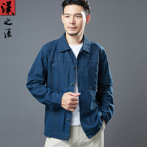 苎麻男士夹克外套青年翻领铜扣