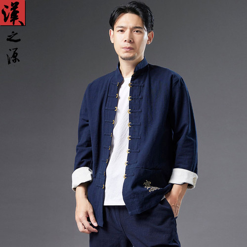 中国风国潮男装汉服偏厚麻料立领