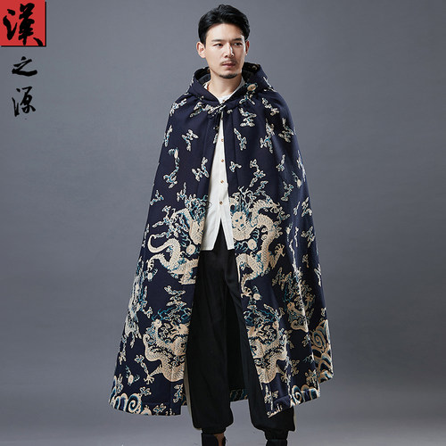 冬季加绒披风斗篷龙纹印花棉麻