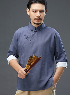 夏季中国风男士改良汉服短袖上衣立领斜襟古风禅服棉麻中式男装薄