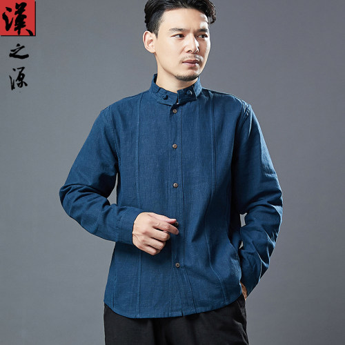 中国风苎麻复古扣领秋季男士衬衫