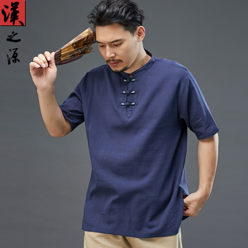 棉麻中国风男装三扣圆领薄款t恤