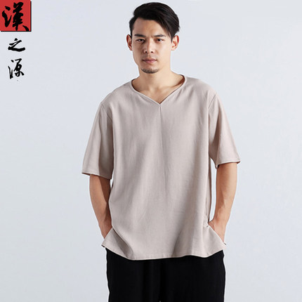 中国风中式棉麻T恤纯色短袖宽松上衣简约复古夏季亚麻男装V领潮t