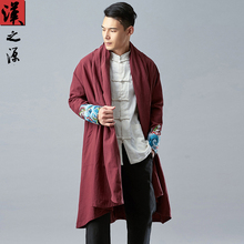 开衫 外套刺绣棉麻男装 上衣潮 中国风男士 改良汉服围巾领风衣中长款
