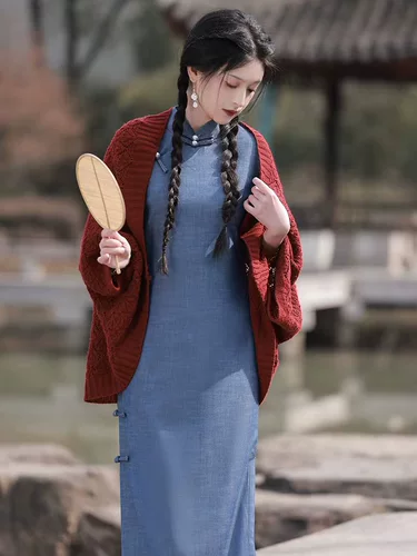 【烟雨蒙蒙】夏季古法全开襟长款牛仔蓝旗袍