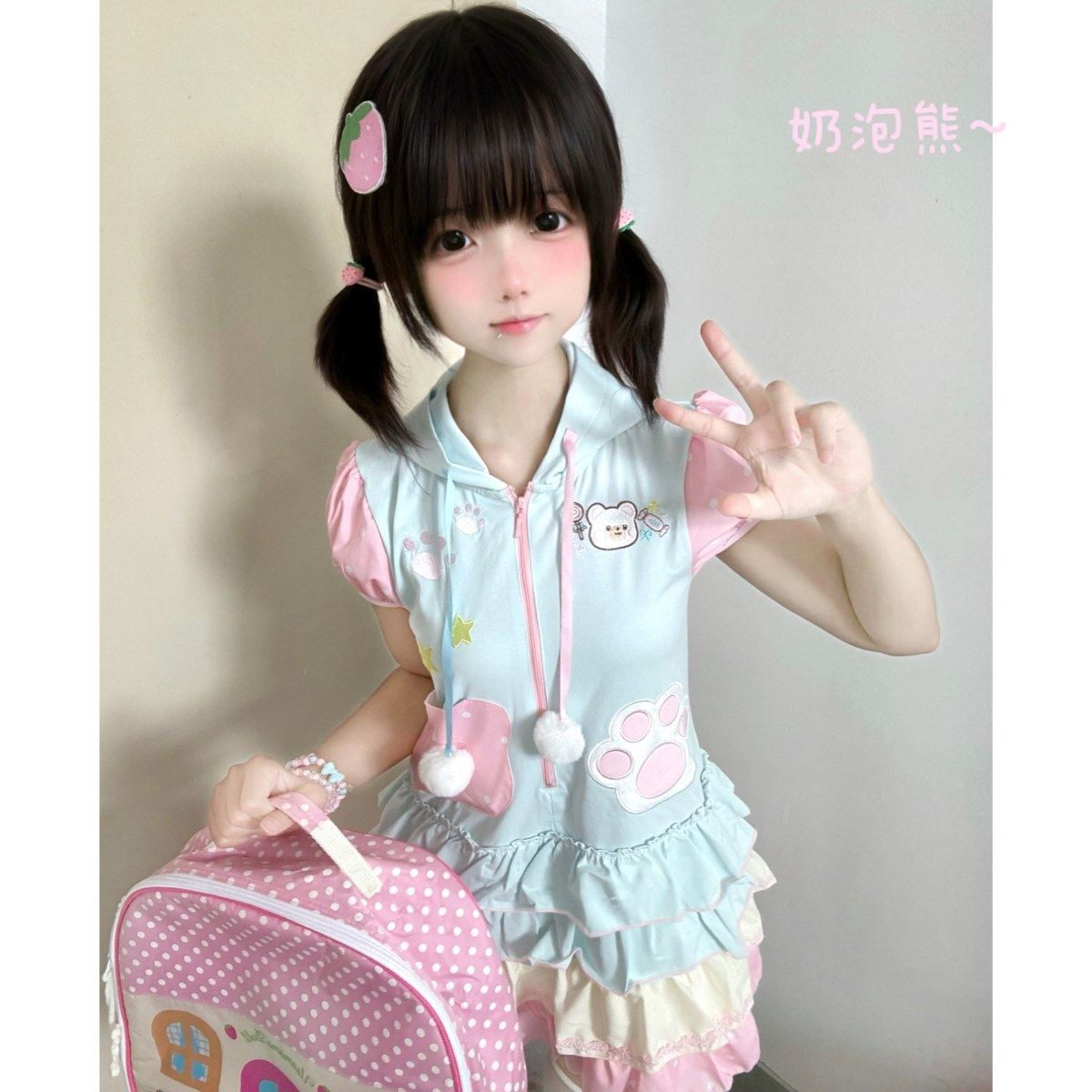 现货【奶泡熊】原创日系软妹可爱小个子连衣裙女儿服背带生日礼物
